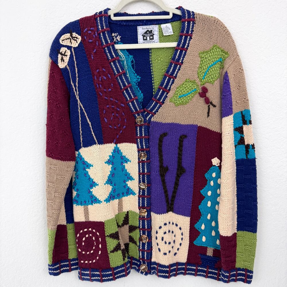 Storybook Knits Womens Cardigan Sweater Size M Hand Knit Vintage Ramie Cotton